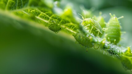Close-up of a tiny aphid colony on the underside of a leaf.