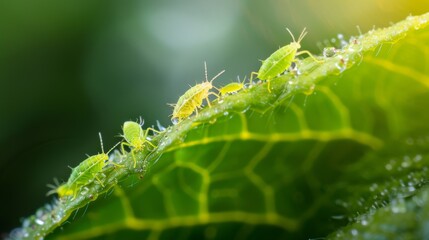 Naklejka premium Close-up of a tiny aphid colony on the underside of a leaf.
