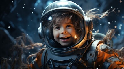 A young boy in a space suit smiles at the camera in a simulated space environment, poster