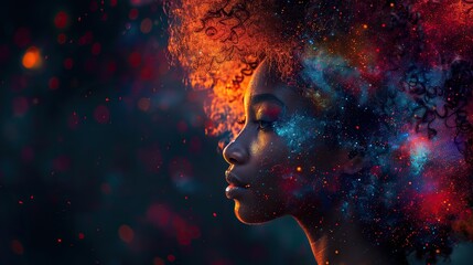 An African woman immersed in a vibrant symphony of sound, her emotions swirling in a kaleidoscope of colors and abstract lights that dance upon her hair against the black void..stock image