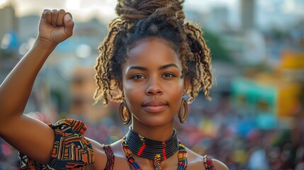 Amidst the throng, a resolute young African woman stood defiant, her proud and confident gaze fixed on the horizon as she raised her fist in defiance of racism.stock photo
