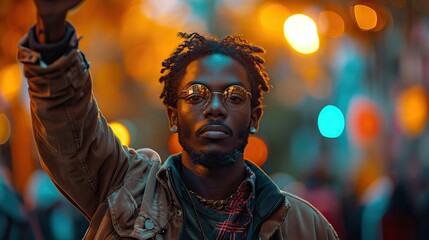 A resolute young man of African descent, adorned with an expression of unwavering pride and confidence, raises a defiant fist in the face of racism, demanding justice.stock image