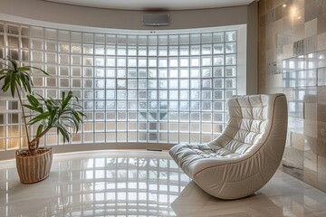 Glass blocks wall in modern house interior design, stylish contemporary decoration
