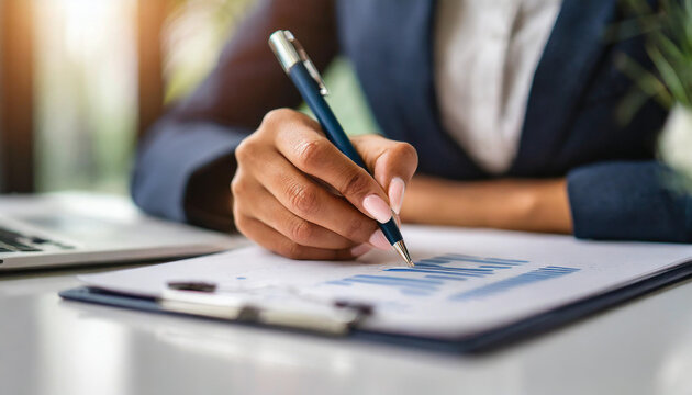 
A businesswoman's hand holding a pen, poised to write on a form atop a white table. The macro focus highlights the meticulousness and attention to detail required in business documentation