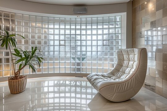 Glass blocks wall in modern house interior design, stylish contemporary decoration
