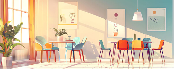 simple dining area flat design front view sunny morning cartoon drawing Tetradic color scheme