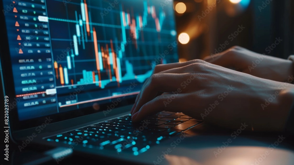 Fototapete close-up of hands typing on a laptop keyboard with a stock chart visible on the screen.