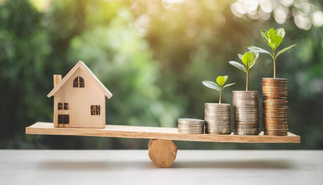  Wooden house model and stack of coins balanced on a wood scale, symbolizing property investment, financial balance, and the comparison between home value and money