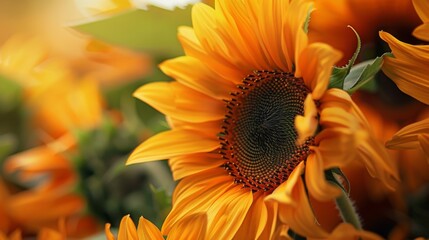 Naklejka premium Close-up of sunflowers with a focus on their bright yellow petals and green leaves.