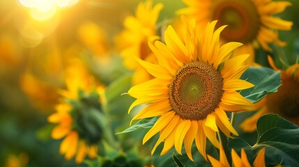 Obraz premium Close-up of sunflowers with a focus on their bright yellow petals and green leaves.