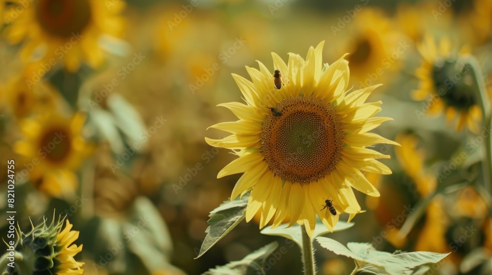 Poster close-up of sunflowers with bees collecting nectar in a vast field.