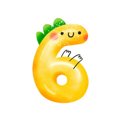 Funny cartoon number 6 like dinosaur. Cirfra six dino. Monster.  Baby shower print capturing. Baby month anniversary card. Nursery print