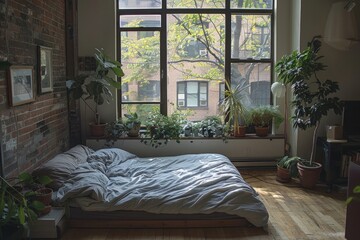 a bed sitting in a bedroom next to a window with a potted plant on the other side of the bed and a large window with a view of the outside