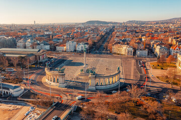 Budapest, Heroes Square from above. Historical square of Europe