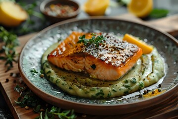 Gourmet Earthy Aesthetic: Vibrant Salmon and Smooth Puree