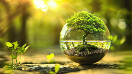 bonsai tree coming out a glass globe, environmental conservation concept 