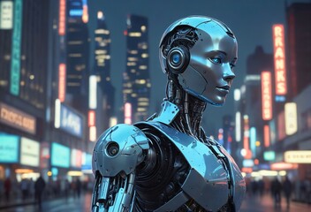 Cybernetic Robot in Cityscape at Night