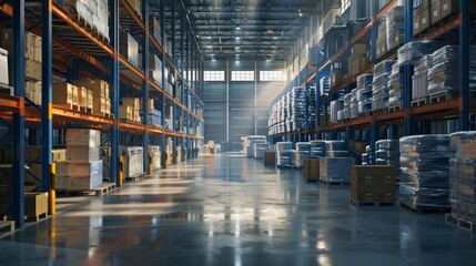 Fototapeta premium A large warehouse with many boxes and pallets