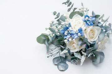 Small bouquet with white and blue flowers on white background
