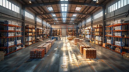 Fototapeta premium A large warehouse with many boxes and pallets