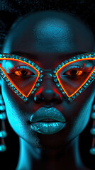 a vibrant face of African American model wearing fancy glasses 