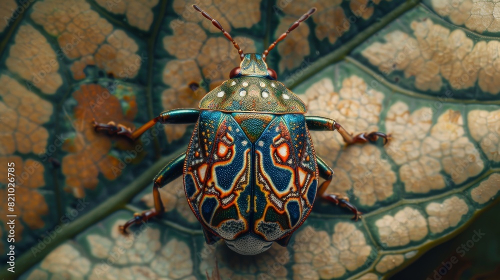 Fototapete Colorful shield bug resting on a leaf with its unique patterns.