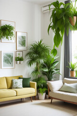 Interior of living room with green houseplants and sofas