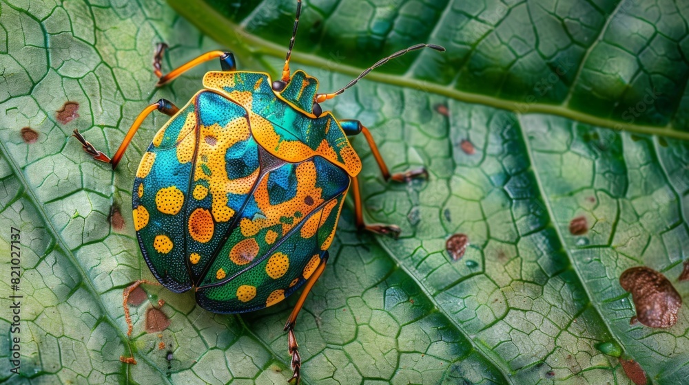 Aufkleber Colorful shield bug resting on a leaf with its unique patterns.