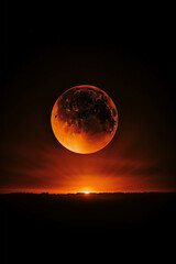 Stunning image of a red moon setting on the horizon against a dark sky, creating a dramatic and mystical scene.