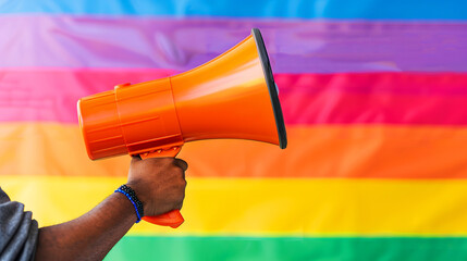 Close-up of an person's hand holding an orange megaphone in front of a rainbow flag, symbolizing activism and pride