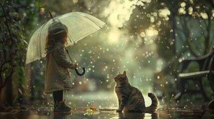 A little girl holding an umbrella standing next to a cat - Powered by Adobe