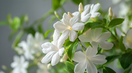 Close-up image of crape jasmine plant with white blossoms and green leaves, showcasing delicate...