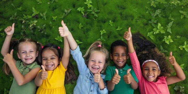Joyful group of multiethnic children lying on moss with thumbs up, symbolizing approval and happiness
