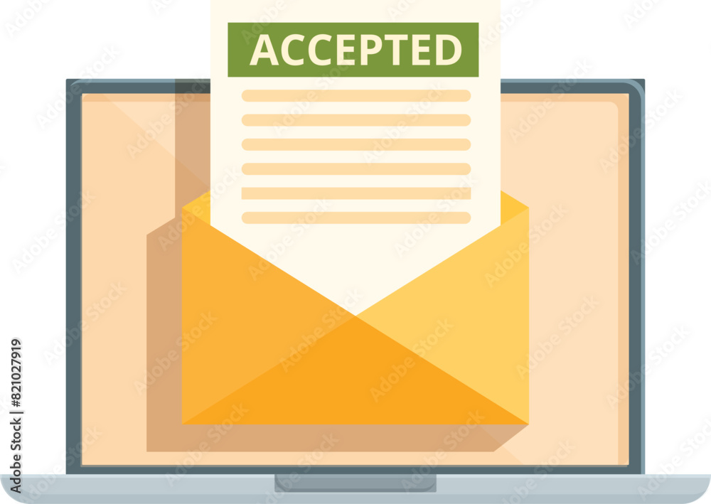 Poster flat design illustration of a laptop displaying an accepted message in an envelope on the screen