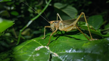 Cricket sitting on a leaf, ready to jump with its powerful legs.