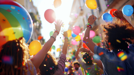Joyful crowd celebrating with colorful balloons and confetti at a lively outdoor festival, capturing the vibrant spirit of a community event