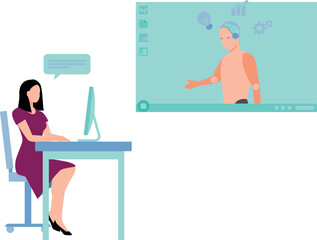 Girl talking to robot online.