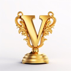 Golden letter V on a pedestal isolated on white background. 3d rendering