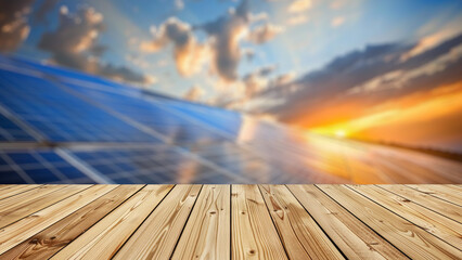 Empty wood table top with blur background of solar energy panels. The table giving copy space for placing advertising product on the table along with solar energy panels background.