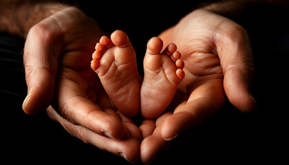 Newborn baby's feet held gently in an adult's hands, forming a heart shape, symbolizing love and care.