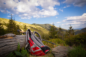 Hiking in the mountains with a backpack.