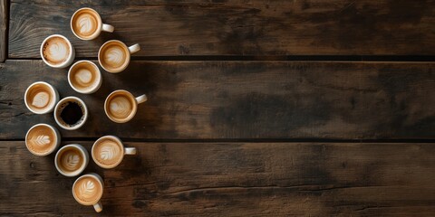 A collection of various coffee beverages artfully arranged on a rustic wooden table from above