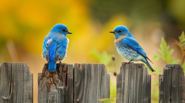 Two blue birds sitting on top of a wooden fence - Powered by Adobe