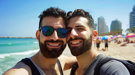 Obraz premium Two bearded men taking a selfie on a sunny beach with a cityscape and umbrellas in the background, smiling and enjoying their vacation.