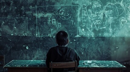 A person sitting at a desk in front of a blackboard - Powered by Adobe