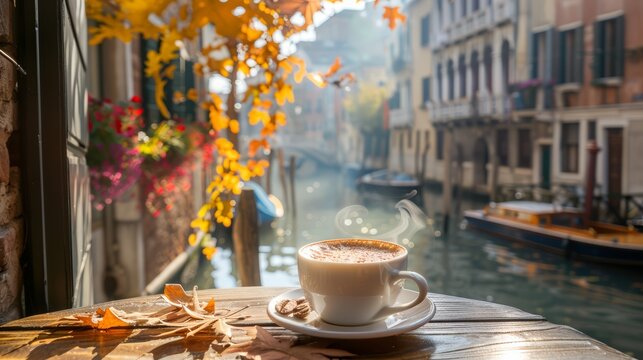 A cup of coffee sitting on top of a wooden table