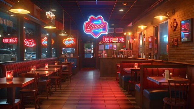 This Interior of a diner with neon lights illuminating tables and booths.
