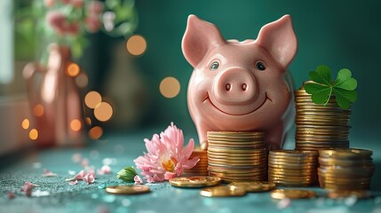 smiling pink pig piggy bank next to a stack of gold coins and a four leaf clover sticking out from it isolated on blue background investment success savings concept .illustration stock image - Powered by Adobe