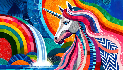 Vibrant Unicorn Collage at Magical Waterfall, Whimsical and Enchanting Scene, Ideal for Fantasy Art Prints, Poster, Fantasy Background, Wall Art, 4K Wallpaper, Frame TV Art