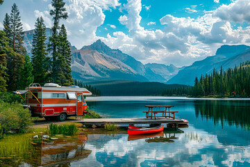 A red camper van is parked at a dock by a lake - Powered by Adobe